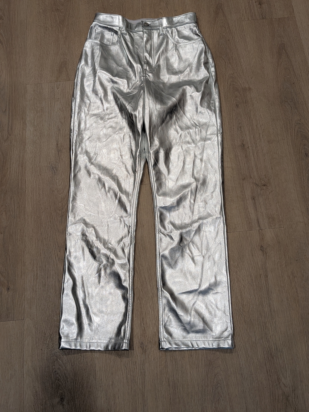 A & F Silver Metallic High Rise Straight-Leg Pants